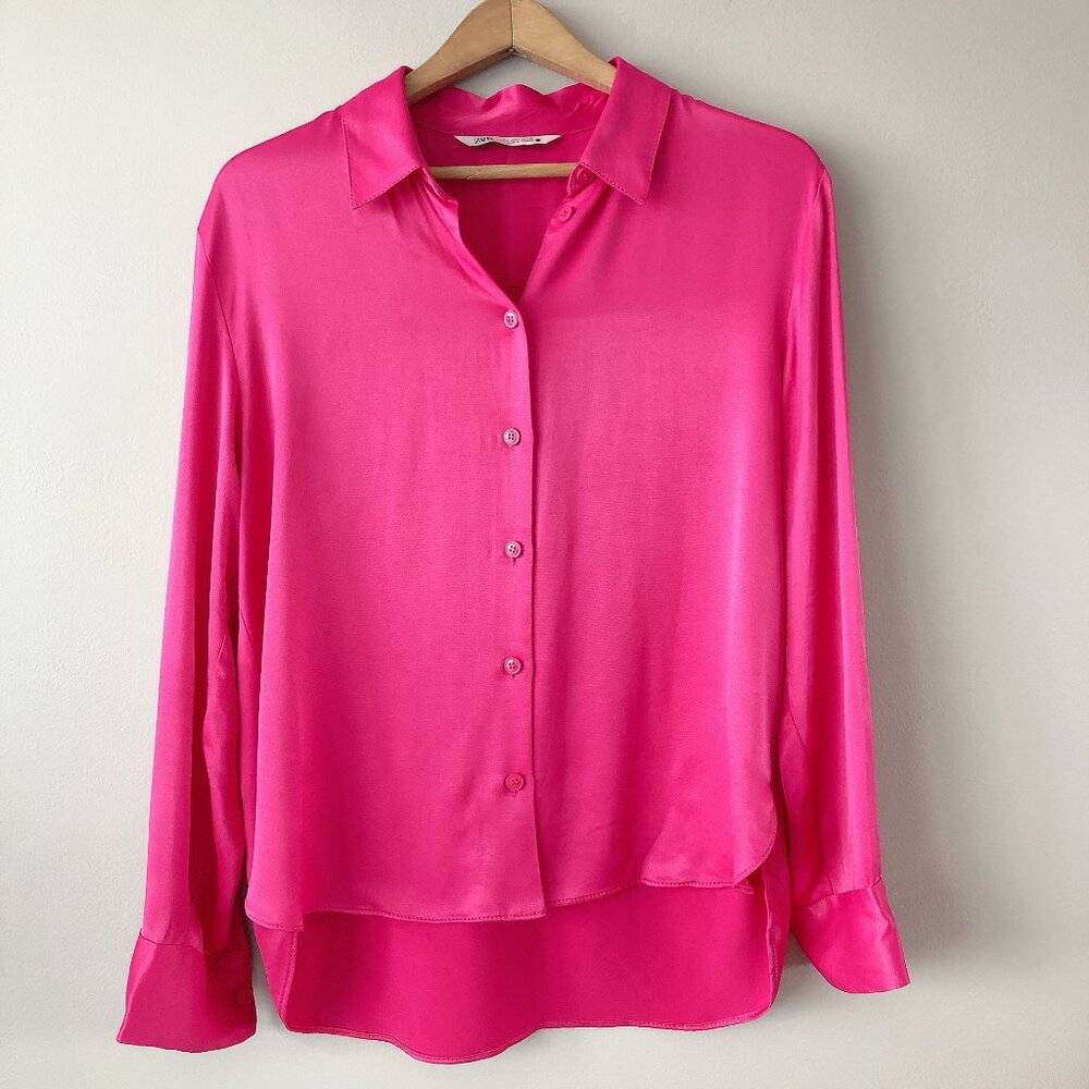Zara hot pink blouse large button down shirt women’s top